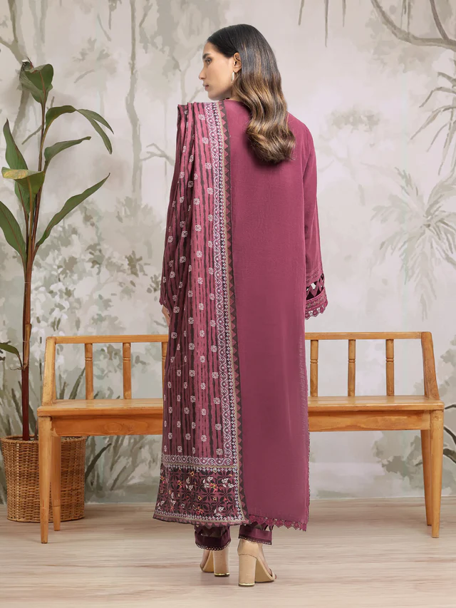 Unstitched Dark Maroon Embroidered Khaddar 3 Piece