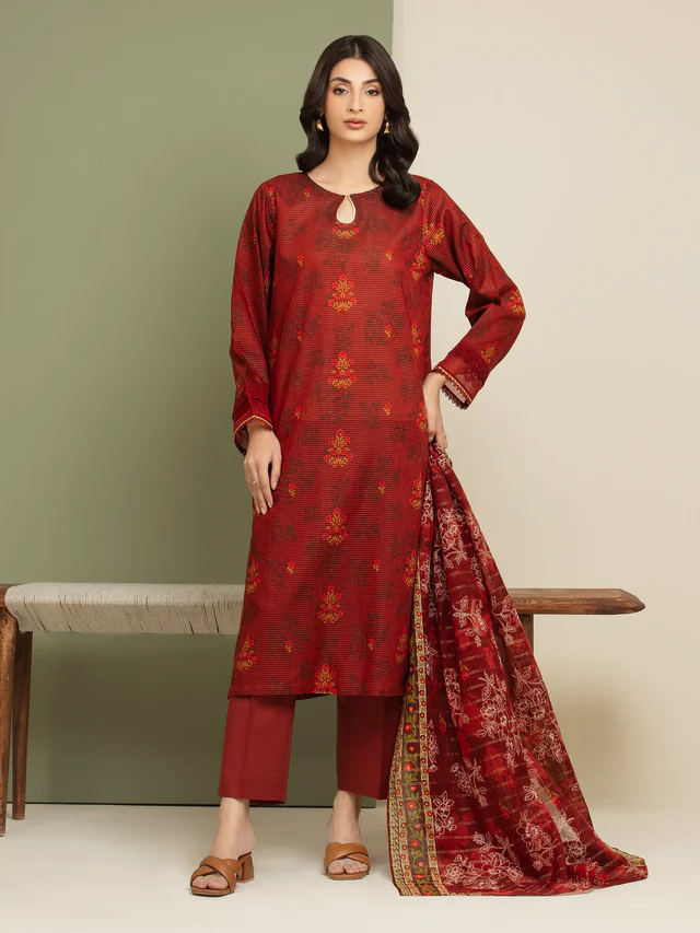 Unstitched Rust Printed Zari Lawn 3 Piece