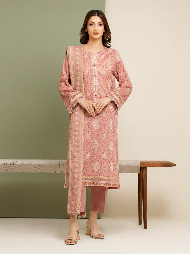 Unstitched Peach Printed Zari Lawn 3 Piece