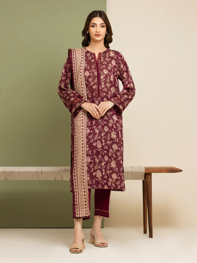 Unstitched Plum Printed Zari Lawn 3 Piece 
